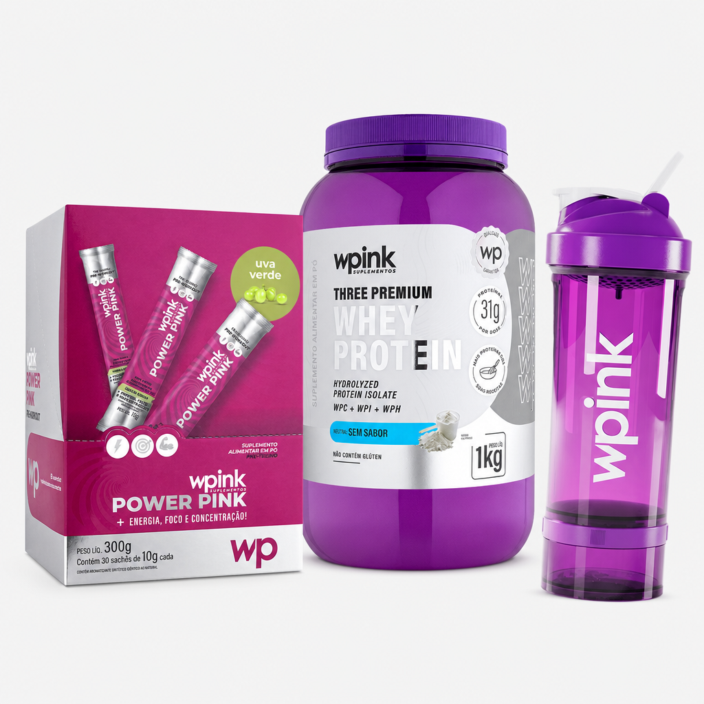 Kit Power Pink + Three Premium Whey Protein com Shaker Pro de brinde