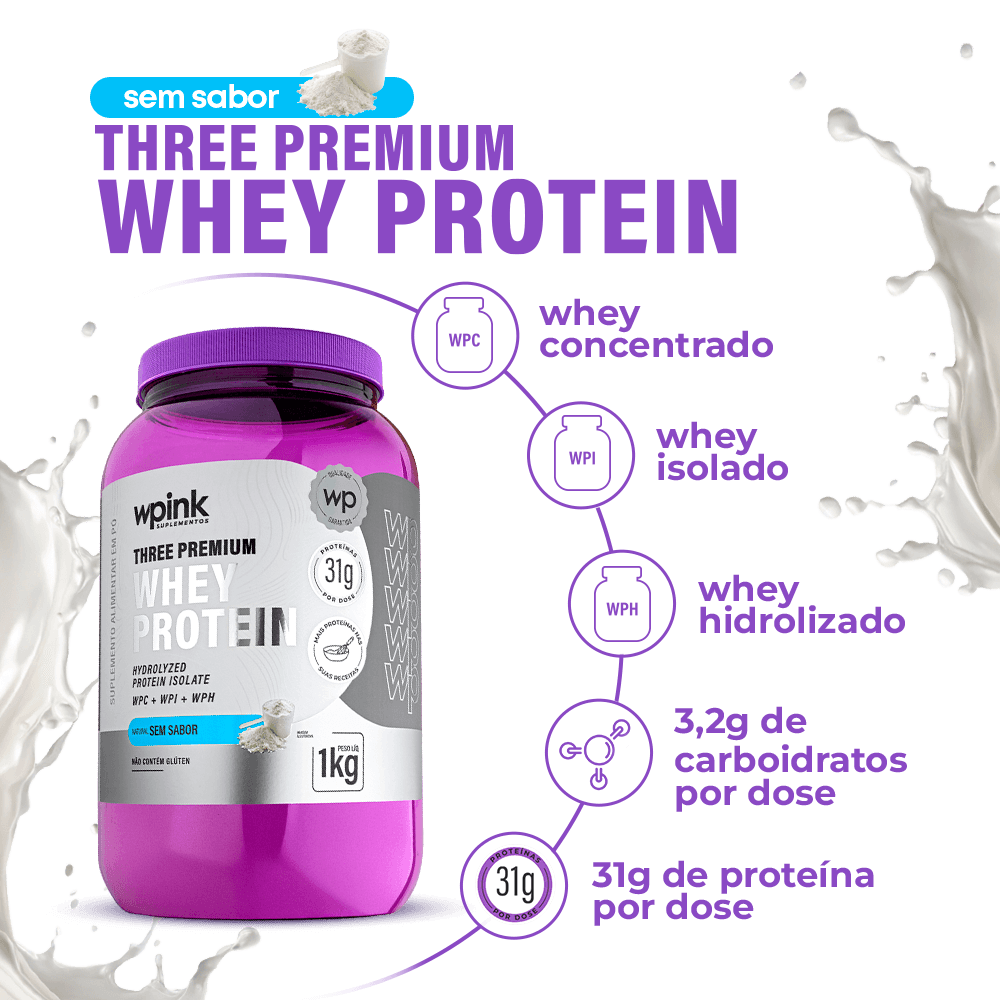 Kit Power Pink + Three Premium Whey Protein com Shaker Pro de brinde